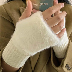 pantsparadises Mink Fleece Soft Winter Half Finger Gloves Women Warm Luxury Solid White Plush Knitted Fingerless Gloves Wrist Mittens Writting