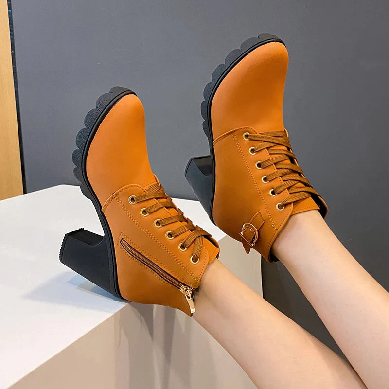 pantsparadises Boots Women Shoes Women Fashion High Heel Lace Up Ankle Boots Ladies Buckle Platform Artificial Leather Shoes bota feminina