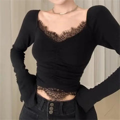 pantsparadises FALL OUTFIT Korean Crop Top Autumn Women Aesthetic V-neck Lace Patchwork Solid Color Tops Sexy Skinny Casual Long Sleeve T-shirt