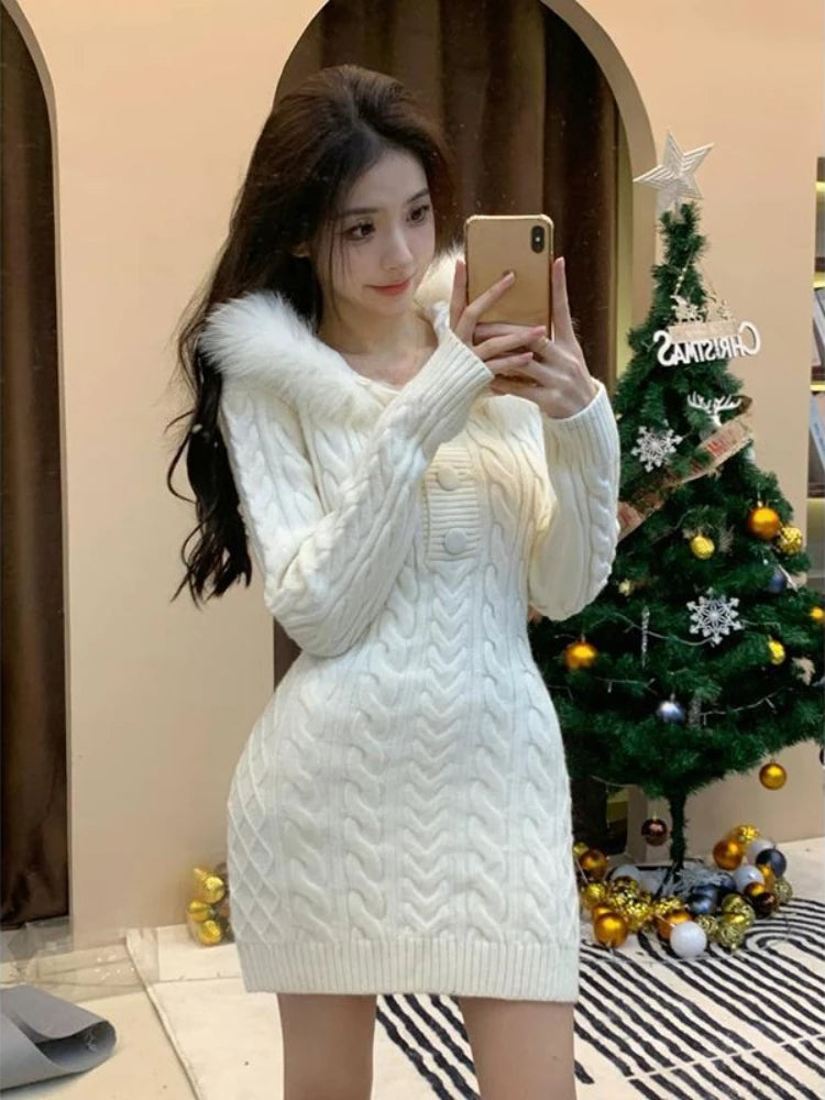 pantsparadises Winter Knitted Sweater Dress Hooded Women Slim Bodycon Y2k Mini Dress Faux Fur Female One Piece Dress Korean Elegant