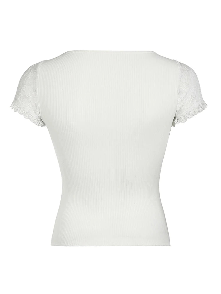 pantsparadises Sweet Y2K Ruched Square Collar Lace Sleeve White T Shirt Women Pink Bow Cute Kawaii Balletcore Clothes