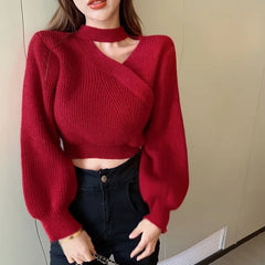 pantsparadises Women Christmas Sweater Autumn Winter Long Sleeved Sweater  Warm V-neck Off Shoulder