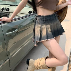 pantsparadises Vintage Spicy Girl Denim Skirts Women's y2k Skirt High Waist Goth Skirt Slim A Line Ruffled Short Skirt Fashion Summer Jeans