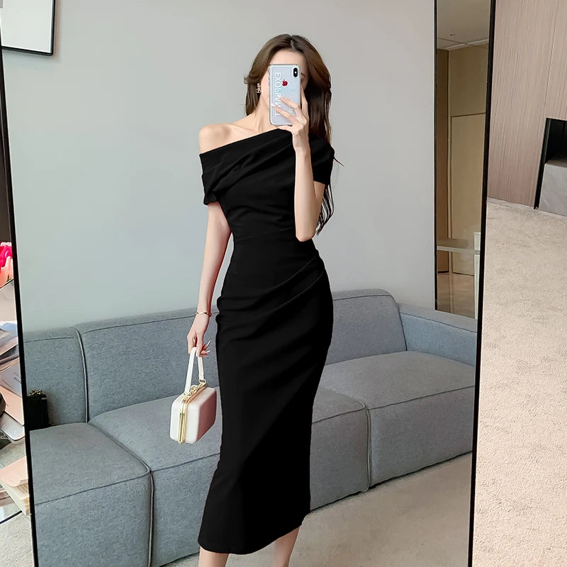 pantsparadises Summer Fashion Elegant Off Shoulder Evening Party Dresses Sexy Vintage Casual Prom Birthday Vestidos Female Chic Clothes Robe