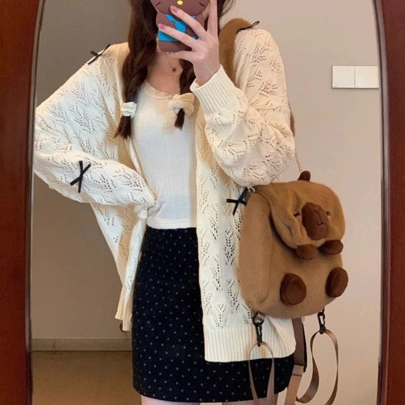 pantsparadises FALL OUTFITS Coquette Cardigan Sweater Woman Kawaii Bow Hollow Out Knitted Tops Korean Fashion Sweet Preppy Cute Aesthetic Solid