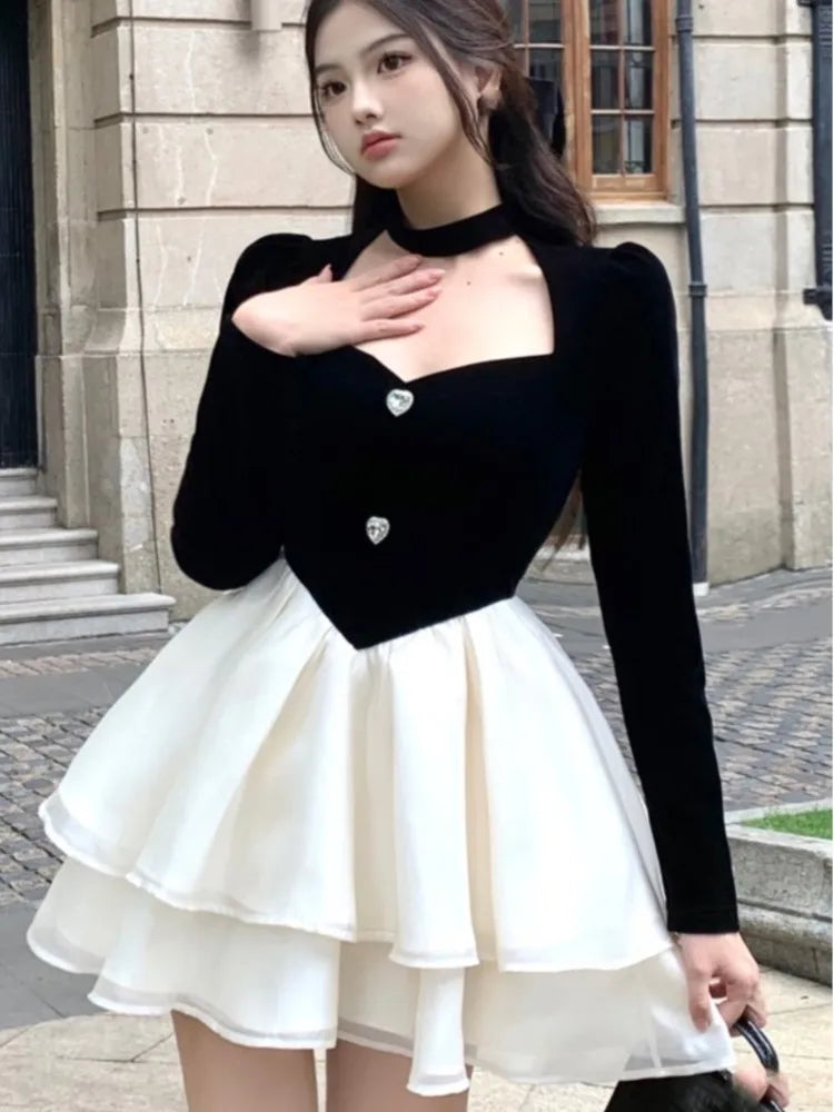 pantsparadises DRESS TO IMPRESS Y2K Mini Princess Dress Women Velvet Patchwork Layered Ruffles A-Line Autumn Spring Elegant Vintage Evening Party Vestidos Mujer