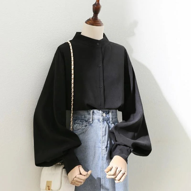 pantsparadises Woman Spring Autumn Style Blouses Shirt Lady Long Lantern Sleeve Stand Collar Loose Blusas Tops