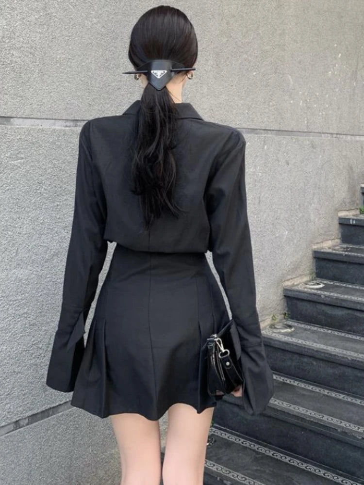 pantsparadises Black Shirt Dress Women Elegant Vintage Long Sleeve Dresses Sexy Gothic Pleated Streetwear Turn-down Collar Casual Robe