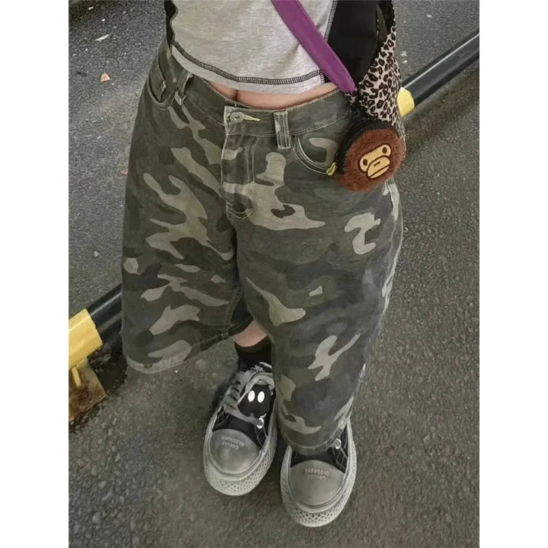 Womens Short Summer Camouflage High Waist Jeans Y2K Straight Calf-Length Pants Trousers Streetwear Vintage Wide Leg Denim Shorts