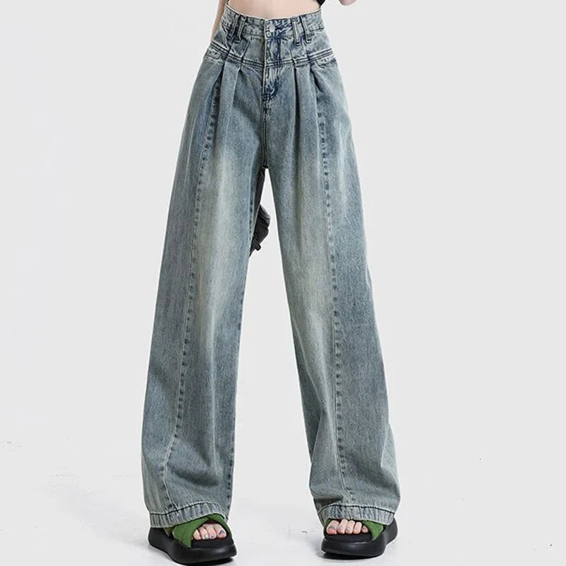 pantsparadises Women Korean Pleated Jeans Girls High Waist Washed Wide Leg Pants Lady Fashion Loose Retro Blue Light Blue Denim Trousers