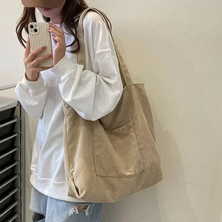 pantsparadises Women Corduroy Tote Bag Large Shoulder Hobo Bags Casual Handbags Big Capacity Shopping Work Bag