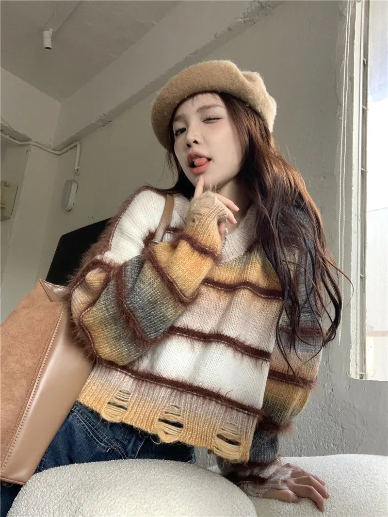 pantsparadises Women Striped Pullover Knitted Sweater 90s Aesthetic Harajuku Long Sleeve Sweater Y2k 2000s Vintage Fashion Clothes 2024