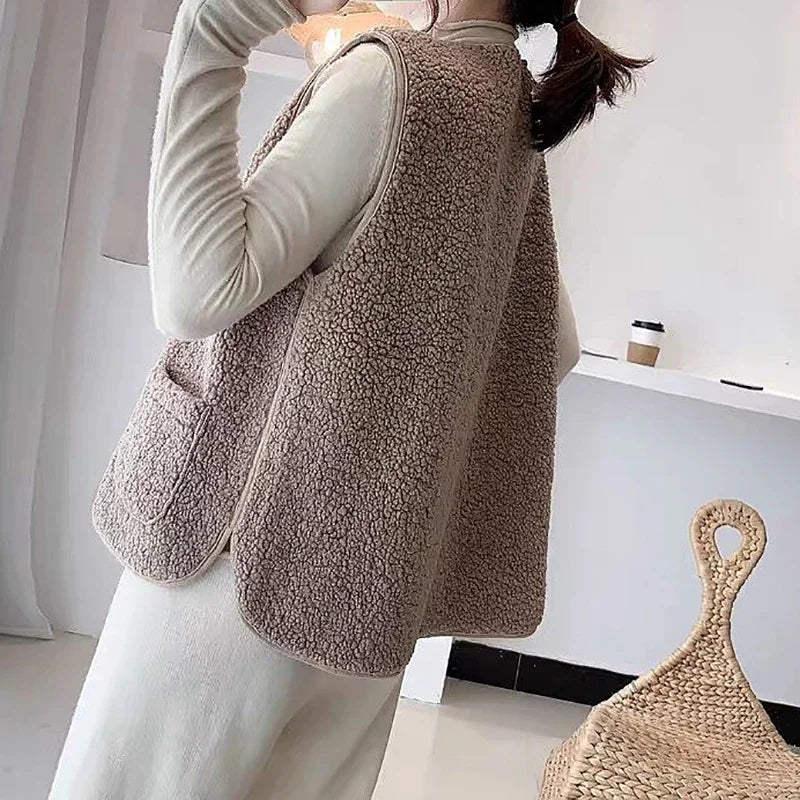 pantsparadises casual winter outfits Women Warm Faux Lamb Fur Sleeveless Coat With Pockets Zipper Casual Cardigan traf Jackets Office Coat Vest Winter Autumn