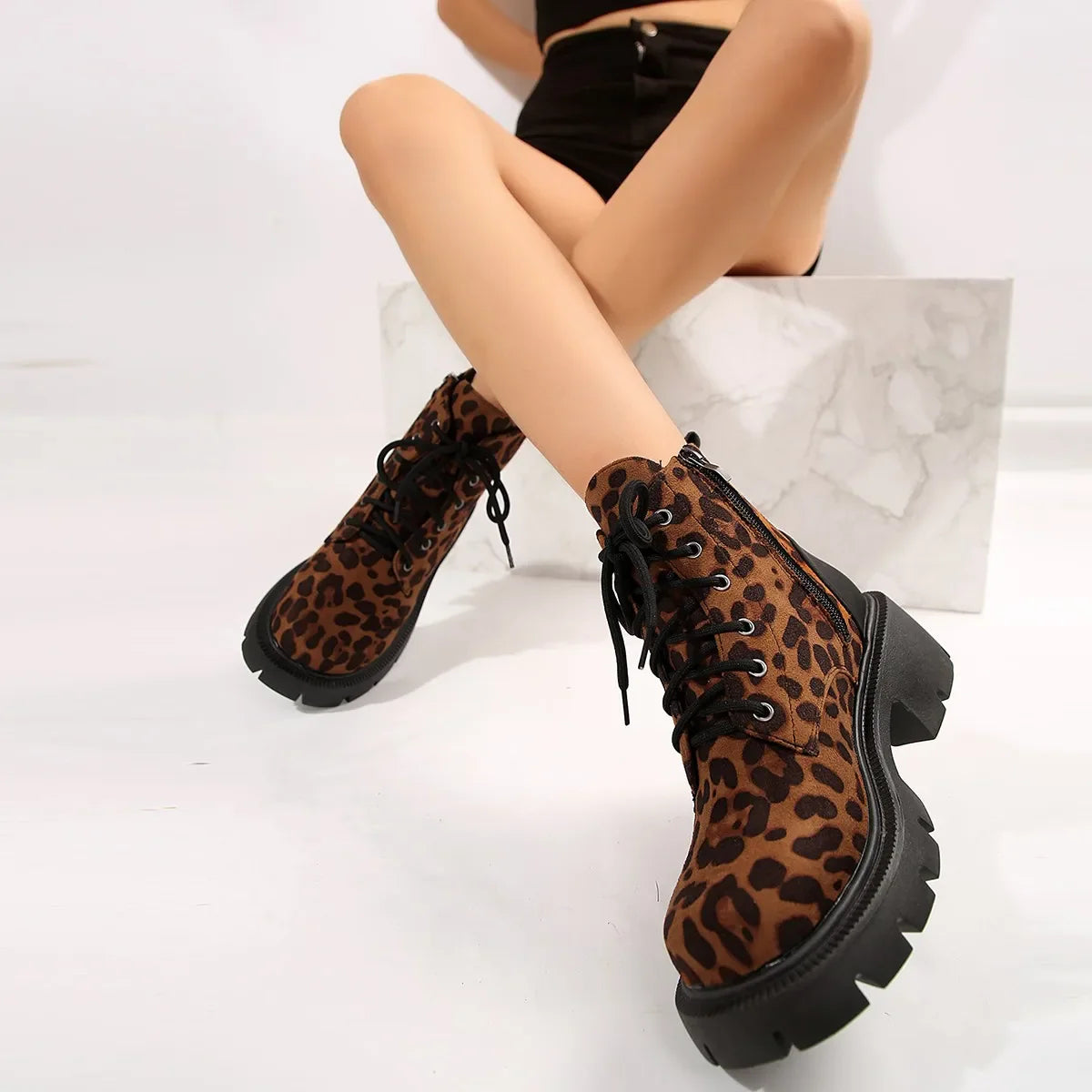 pantsparadises Sexy Leopard Ankle Boots for Women Autumn Winter Low Square Heels Plus Size 43 Short Booties Shoes Woman Motorcycle Boots