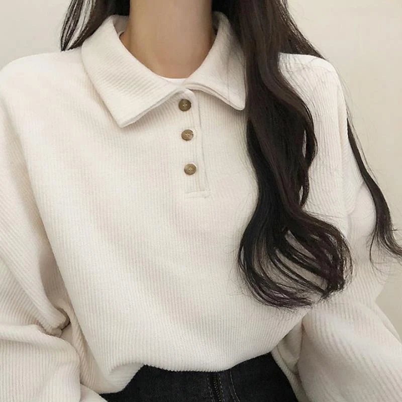 pantsparadises Fall Winter Ribbed Pullovers Women Casual Simple Preppy Style Student Turndown Collar Sweater Korean Button-up Blouses