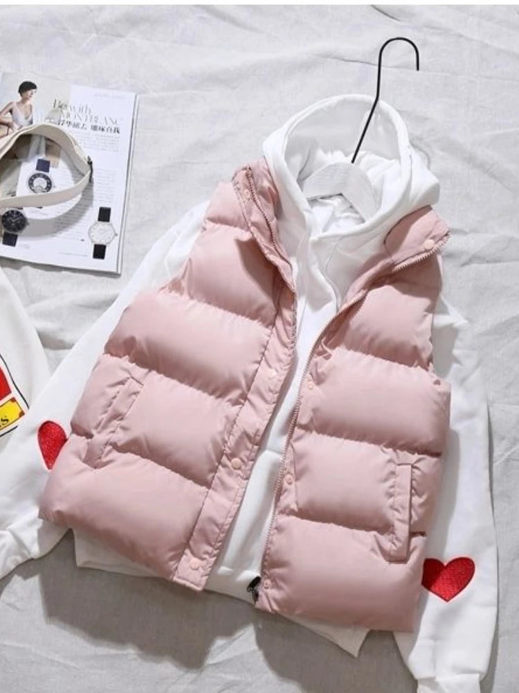 pantsparadises warm winter outfits Women Winter Warm Cotton Padded Puffer Vests Sleeveless Parkas Jacket