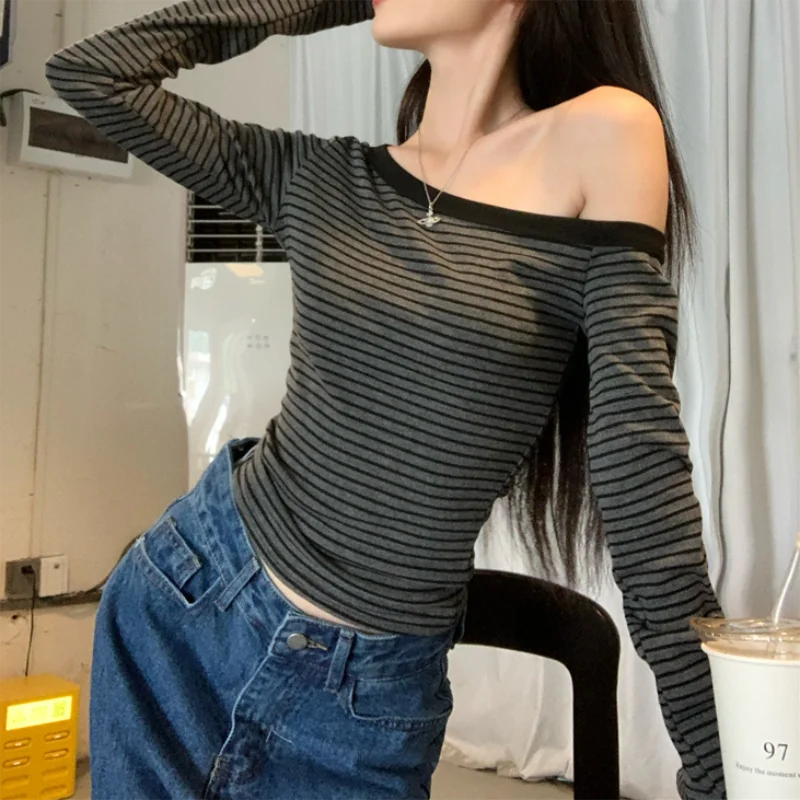 pantsparadises Slant Collar Off Shoulder Striped Long Sleeved T-shirt Women Autumn New Spicy Girl Slim Crop Top Streetwear Tops Y2k Aesthetic