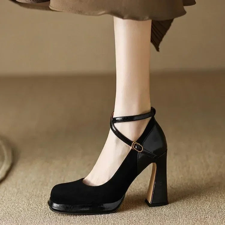 Women's Autumn Footwear Heeled Shoes Woman 2024 Elegant Vintage Lolita Mary Jane Shoes Round Toe Chunky High Heels Party Shoes