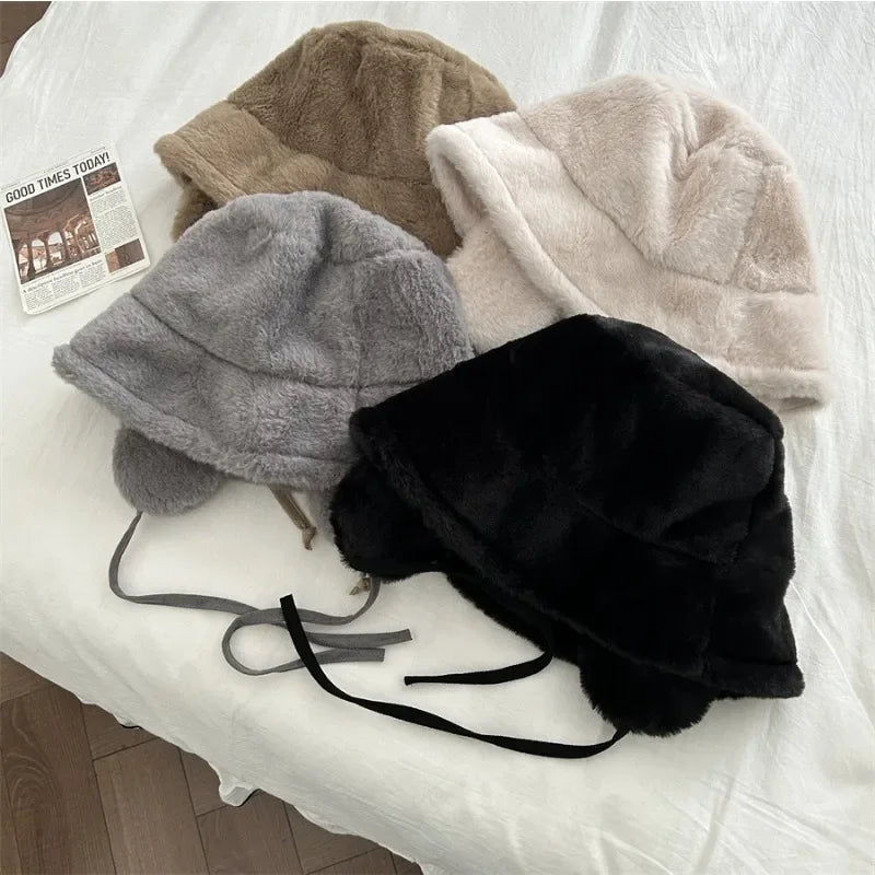 pantsparadises Korean New Ear Protection Bucket Hats for Women Autumn and Winter Travel Versatile Warm Retro Solid Color Plush Men's Caps