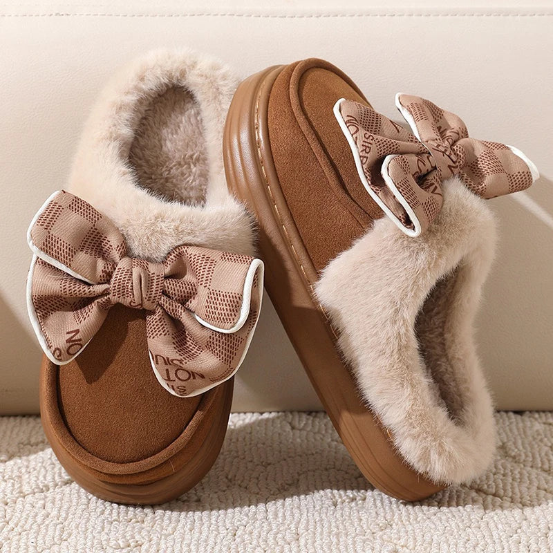 pantsparadises Women's Warm Home Slippers Cute Autumn Winter Bow Thick Plush Non-Slip Leisure Shoes Soft Bedroom Platform Flat Slides