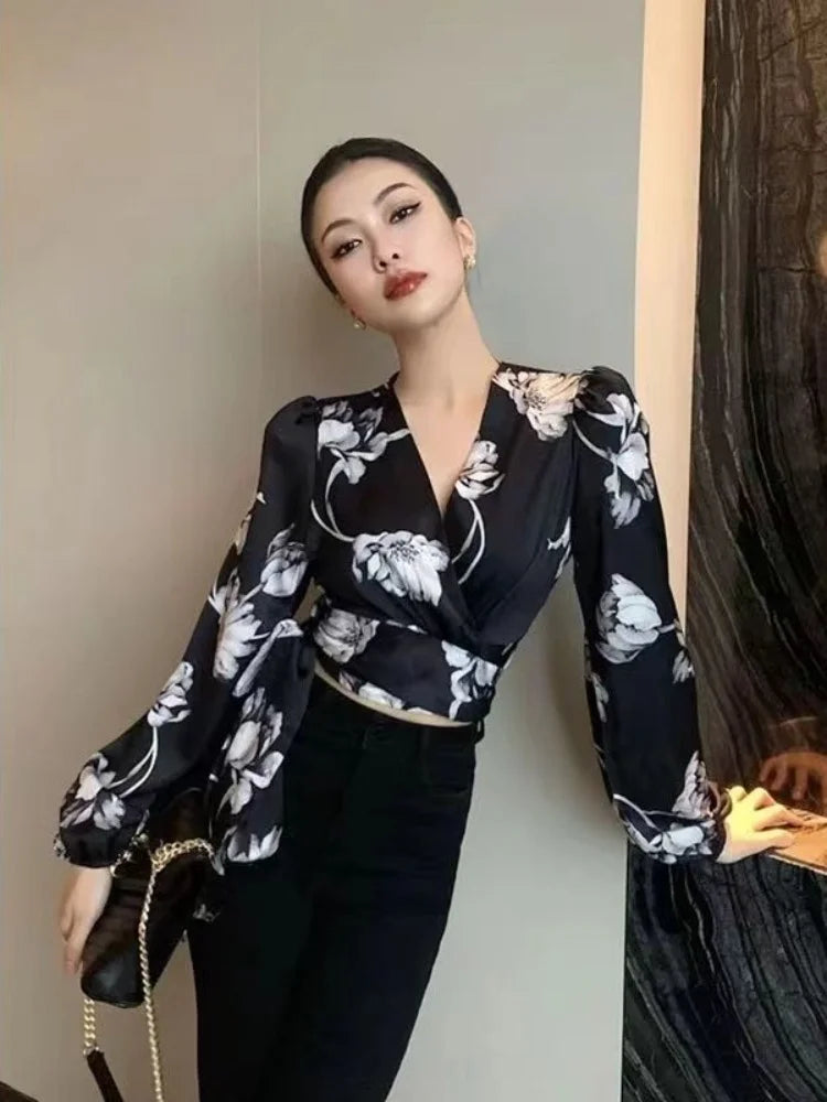 pantsparadises Women's Blouse Sexy Asymmetrical Cool Floral Beautiful Top Ruffle Chiffon Trends Satin Shirt Woman Youth Casual