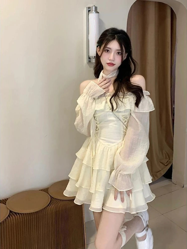 pantsparadises Summer Elegant Ruffles Fairy Dress Women Casual Sweet Lolita Party Dress Long Sleeve One Piece Dress Korean Female Fashion