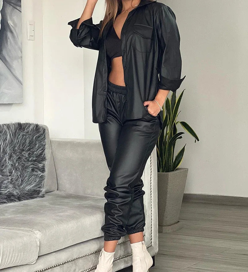 pantsparadises Women's Suits Y2k Clothes Elegant Casual Pocket Design PU Leather Long Sleeves Shirt & Cuffed Pants Sets Female Winter