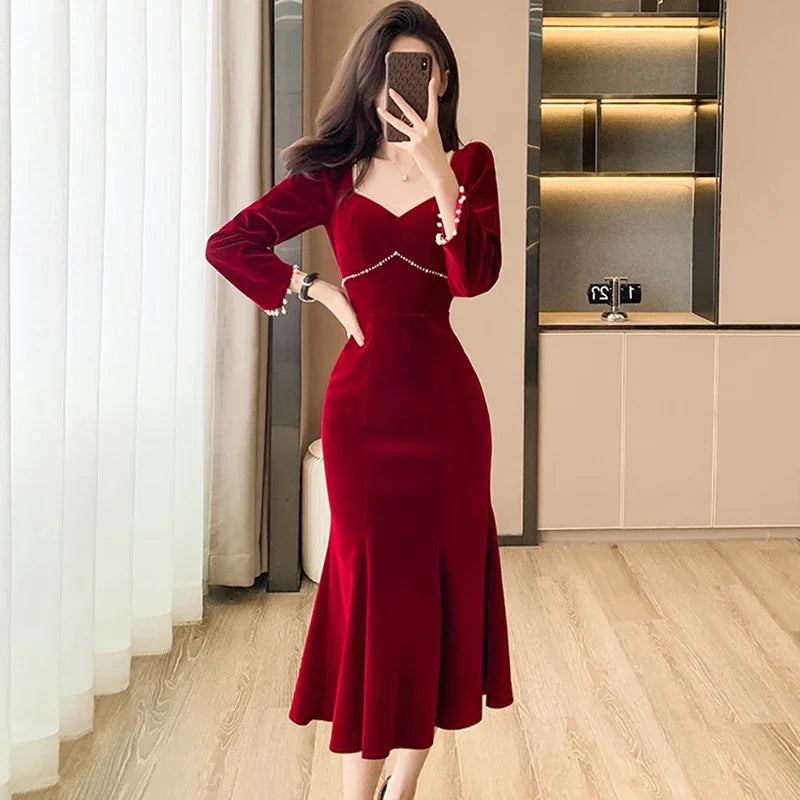 pantsparadises Women Red Velvet Elegant Christmas Dress Autumn Winter Chic Diamonds Square Collar Luxury Dress Korean Vintage Night Dress