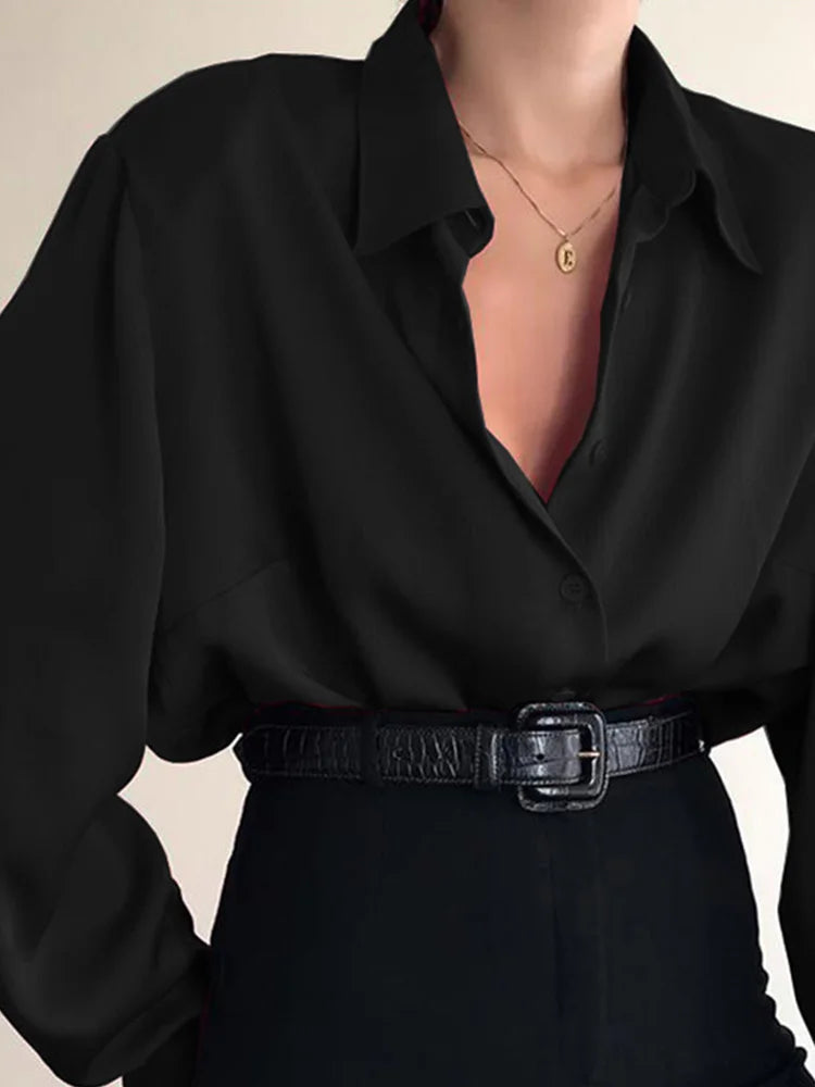 pantsparadises Women Button Blouses Turn Down Collar Shirts Office Lady Long Sleeve Casual Blouse Loose OL Shirt Baggy Tops Red/Wine Red /Black