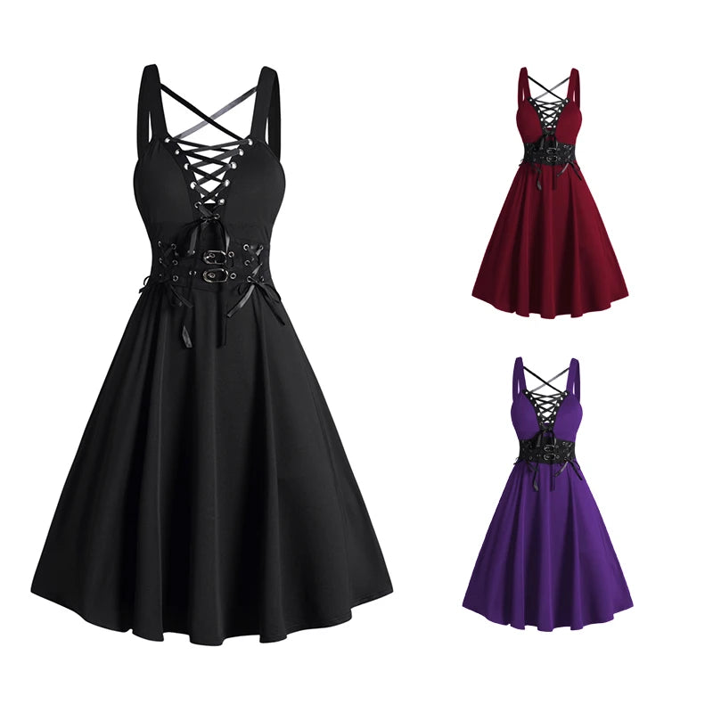 Gothic Dress Lace Up Buckle Strap Crisscross Plunging Neck High Waisted A Line Mini Dress 2024 Women Summer Black Dress Vestidos