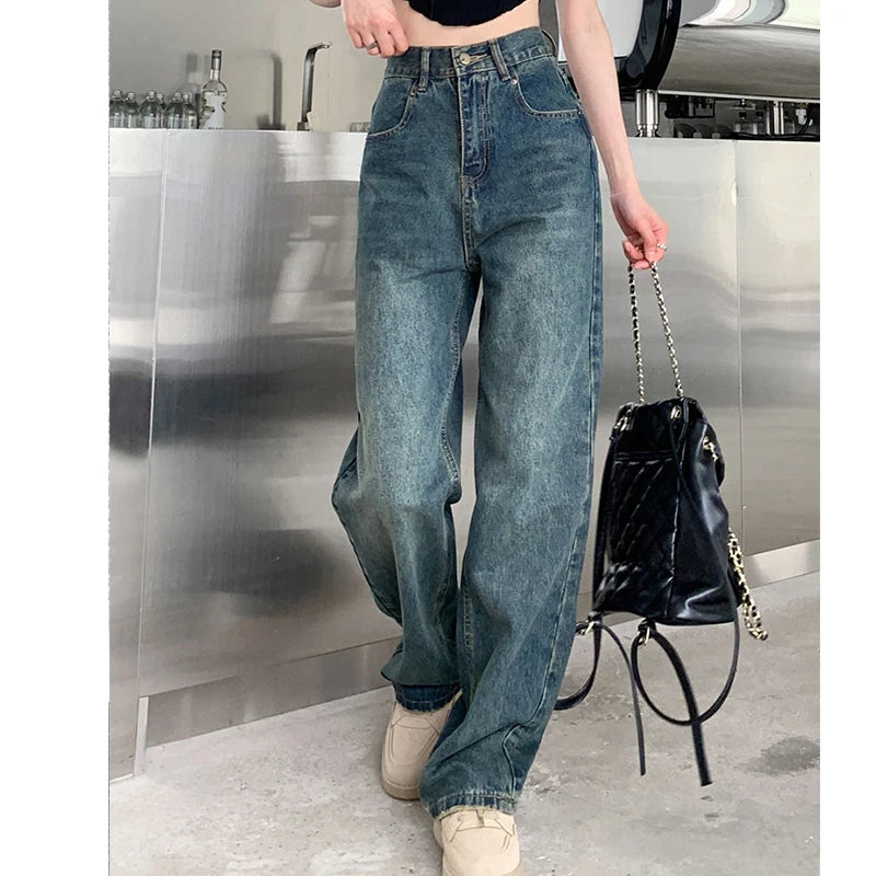 pantsparadises Wide Leg Jeans For Women High Waisted Contrasting Straight Leg Pant Autumn lady Loose Pants Streetwear