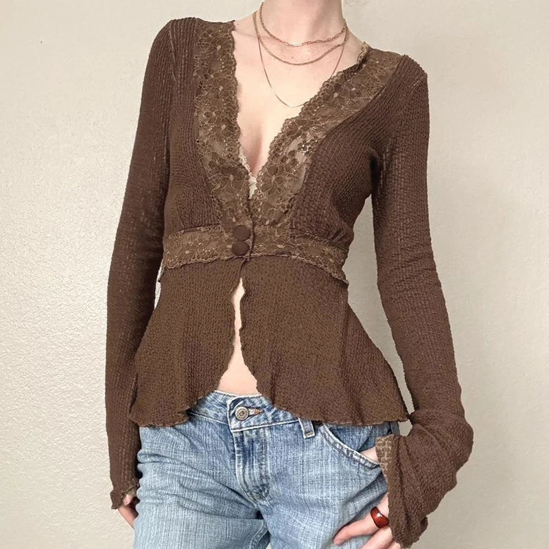 pantsparadises Fairycore Lace Patchwork Deep V-neck Top Brown Sexy Button-up Cardigan Chic Elegant Flared Long Sleeve T-shirts Y2K