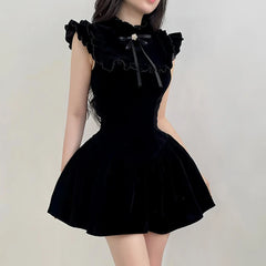 DRESS TO IMPRESS  Elegant Velvet Black Mini Dresses Sleeveless A-line Korean Fashion Birthday Party Coquette Sexy Ballroom Dress Women