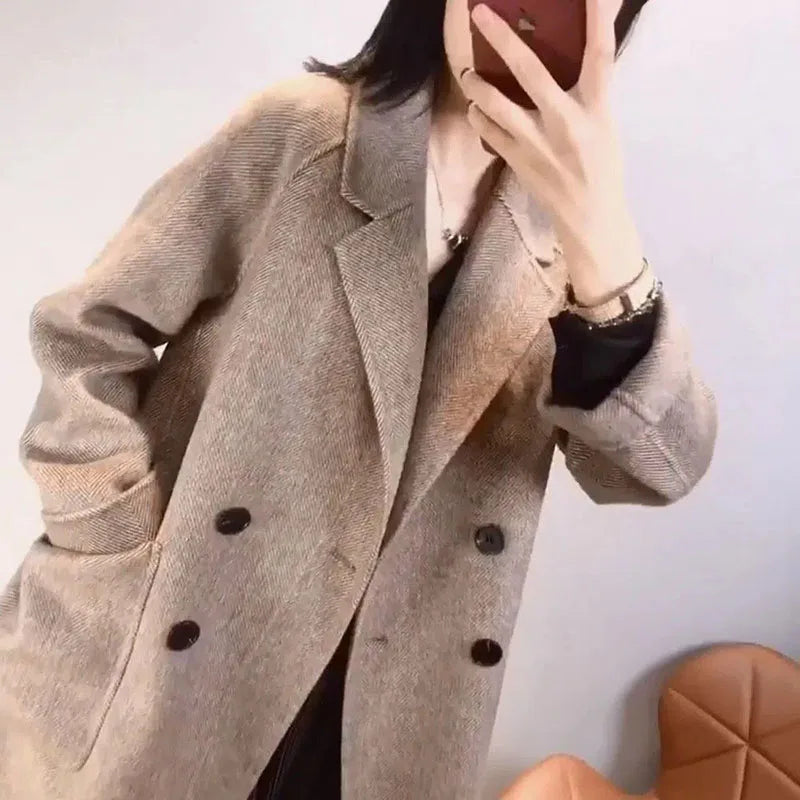 pantsparadises Women's Herringbone Pattern Woolen Jacket, Imitation Cashmere Blazer, Korean Loose Thick Coat