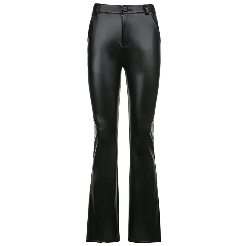 pantsparadises leather pants outfits winter Women's Y2K Slim Fit Solid Flare Pu Leather Long Pants Button High Waist Elastic Trousers with Pockets Party Clubwear