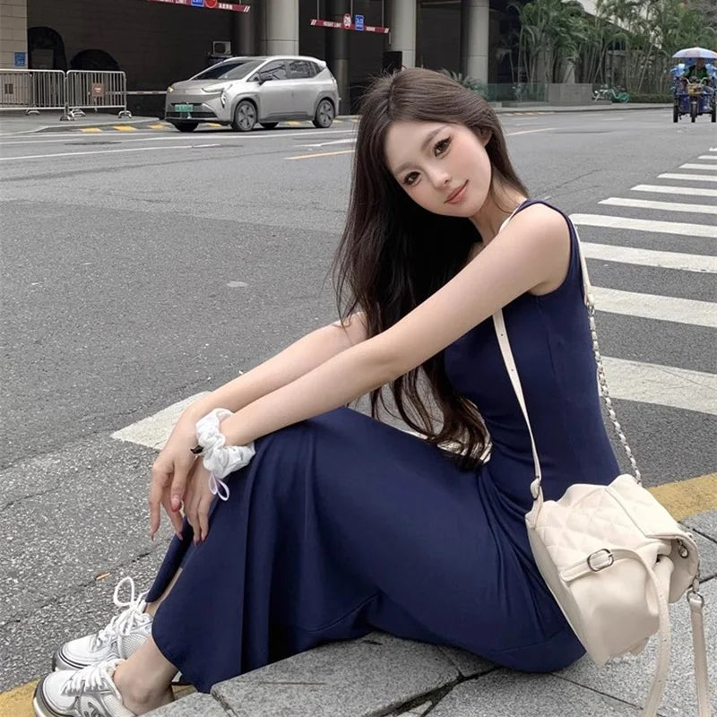 pantsparadises Summer Women Versatile Streetwear Dress Lady Fashion Navy Blue Suspender Dress Female Daily Off Shoulder Slim Fit Long Dress