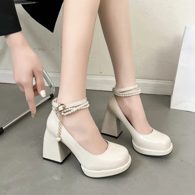 Comfort Shoes for Women 2024 Summer Female Sandal Buckle Strap Clear Heels All-Match Girls Pearl Block New High Fashion Retro Lo