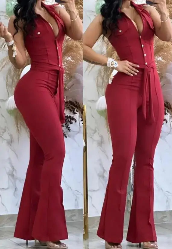 pantsparadises Jumpsuit Women Sexys Turn Down Collar Sleeveless Skinny Flared Jumpsuits One Piece Outfit Fashion Clothes Overall Rompers