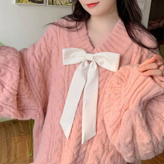 pantsparadises Pink Kawaii Oversize Knitwear Sweaters Women Sweet Cute Big Bow Pullovers Autumn Winter Keep Warm Lantern Sleeve V-Neck Sweater