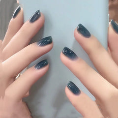 24pcs Dark Blue Gradient Wearing Fake Nails Full Coverage Waterproof Press On False Nails Art Women Girls Nail Art Decoration