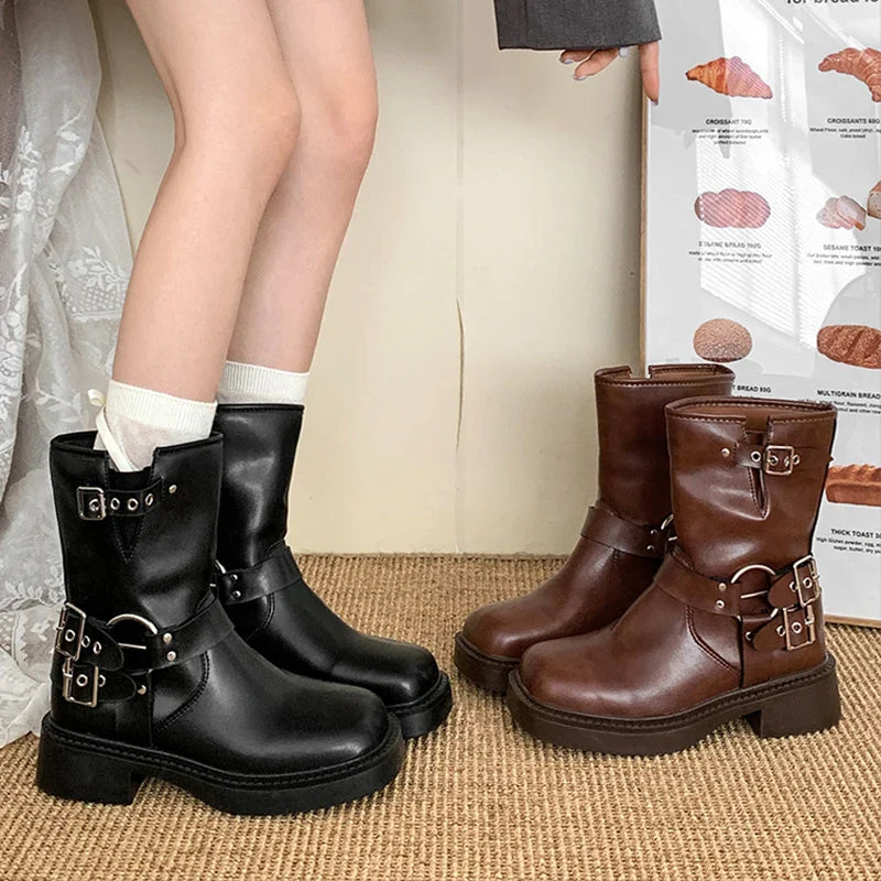 Winter Platform Synthetic Leather Boots Women Shoes Fashion Slip On Mid Heel Botas Ladies Retro Mordern Booties