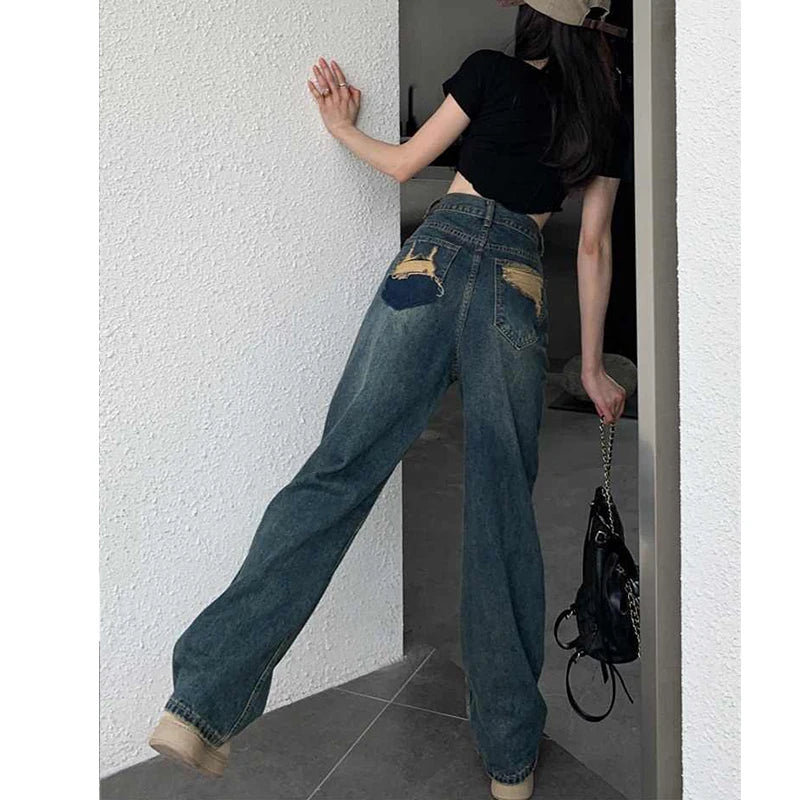 pantsparadises Wide Leg Jeans For Women High Waisted Contrasting Straight Leg Pant Autumn lady Loose Pants Streetwear