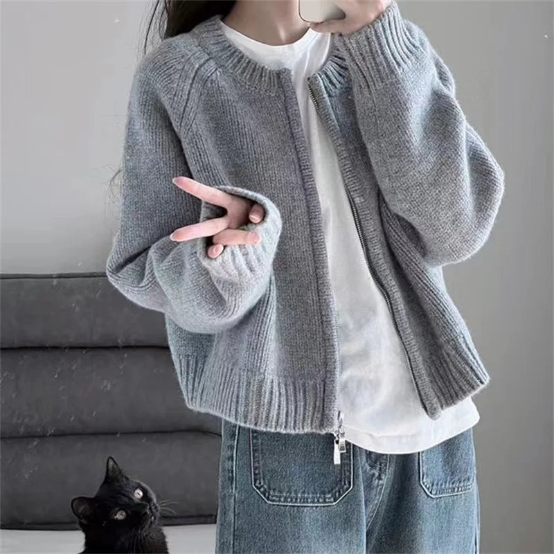 pantsparadises Korean Women Knitted Sweater Autumn Winter Chic Loose Long Sleeve Cardigan Tops Simple Solid Color Sweater Jacket