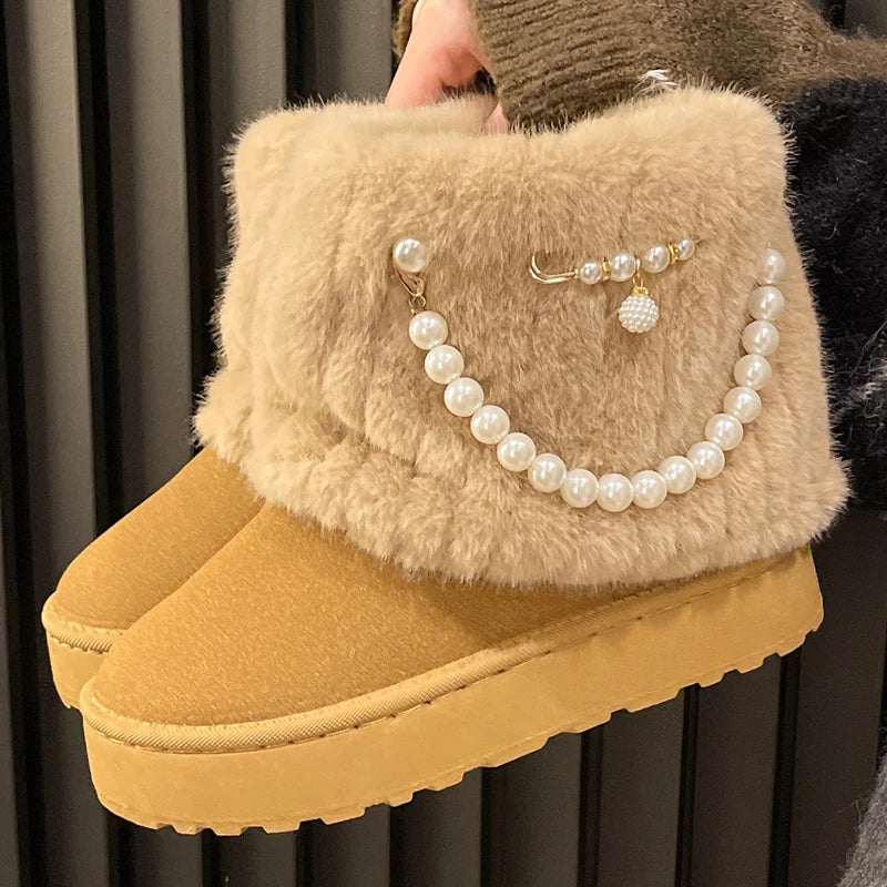 pantsparadises Winter New String Bead Plush Women's Boots Warm Stylish Thick Platform Slip On Boots Faux Fur Plus Size 43 Ankle Botas Shoes