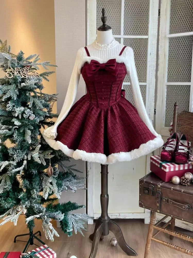 pantsparadises Christmas New Year 3 Piece Set Sweet Lolita Style Dress Sets Womens Elegant Chic Bow Plush Shawl Short Jackets Mini Skirts Suit