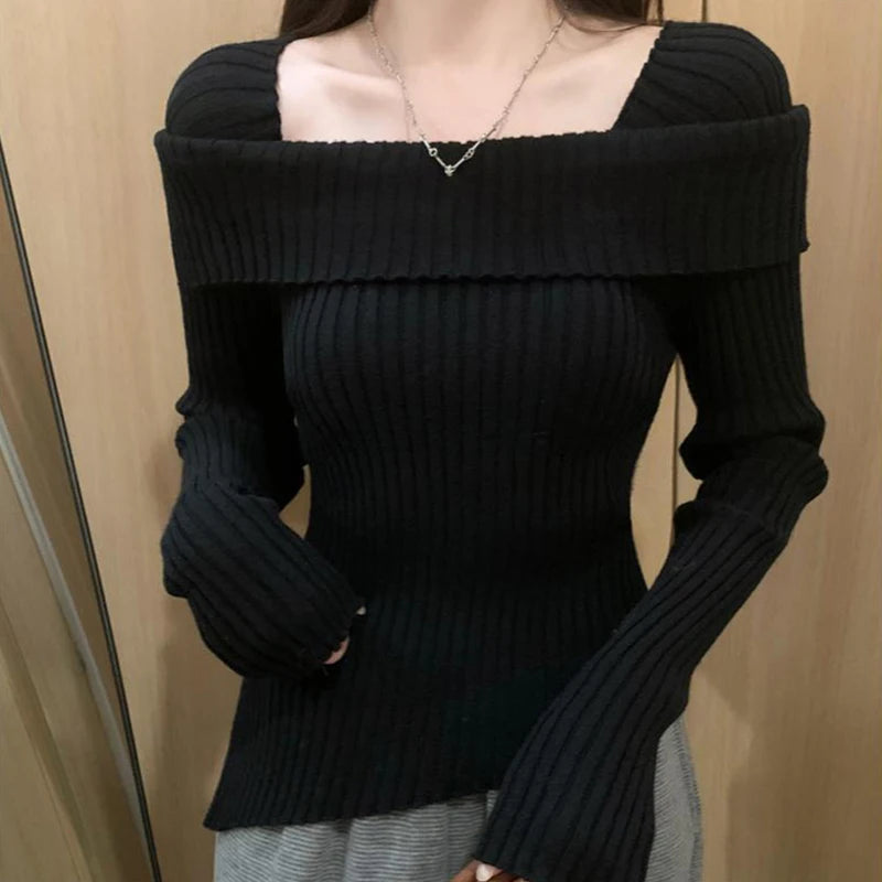 pantsparadises Women Knitted Sweater Solid Color Square Collar Long Sleeve Asymmetrical Hem Crop Top y2k Aesthetic Clothing Streetwear