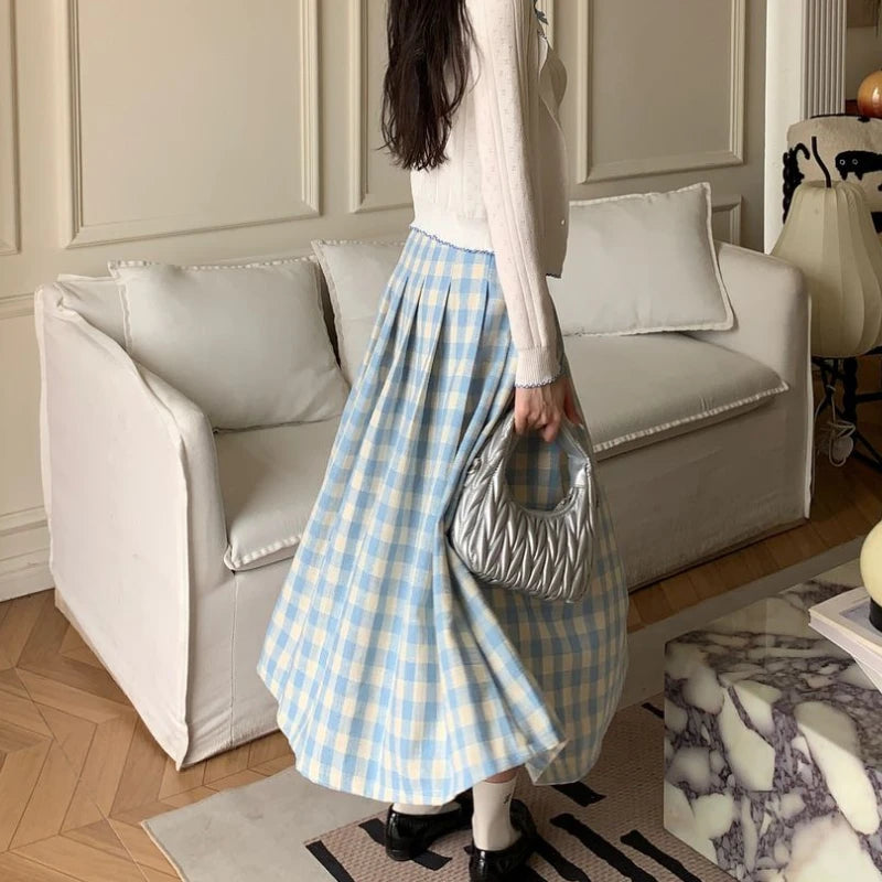 pantsparadises Preppy Style Plaid Long Skirt Women Sweet Elegant Vintage Pleated Skirt High Waist Autumn Winter Retro A-line Skirts