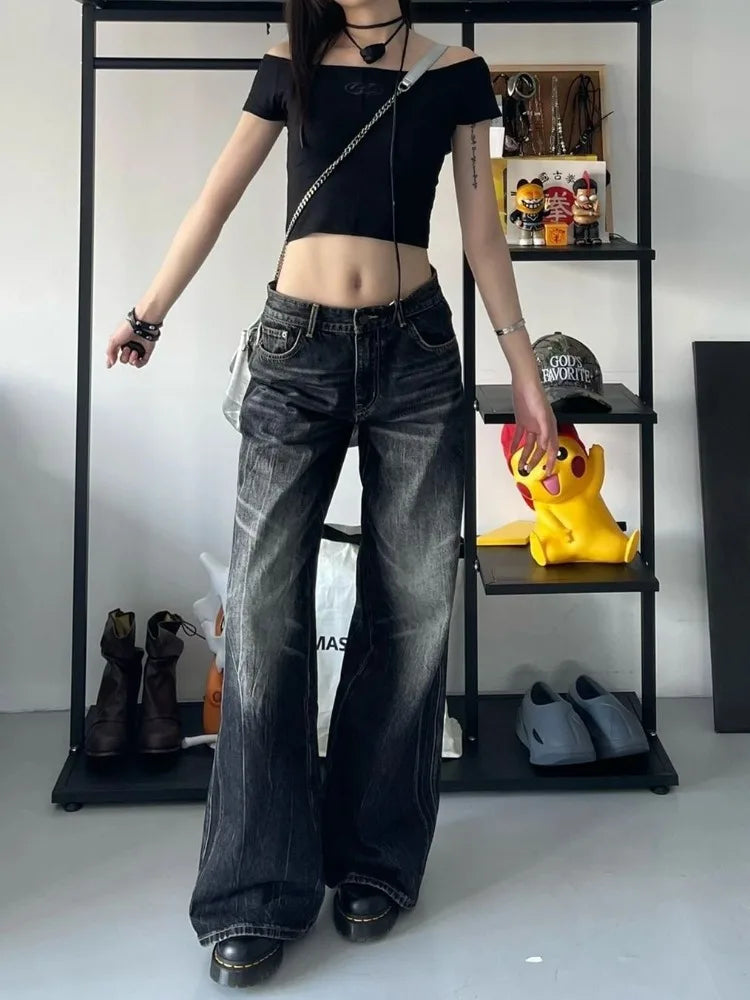 pantsparadises Grunge Y2k Black Jeans Women Baggy Vintage High Street Oversized Denim Trousers Gothic Gyaru 2000s Acubi Fashion Jeans