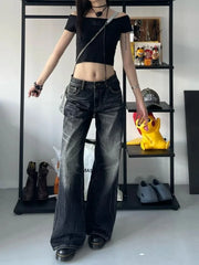 pantsparadises Grunge Y2k Black Jeans Women Baggy Vintage High Street Oversized Denim Trousers Gothic Gyaru 2000s Acubi Fashion Jeans