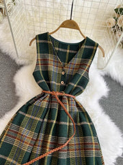 pantsparadises Autumn Winter Plaid Woolen Dress Women Vintage V Neck Sleeveless Long Dress With Belt Streetwear Sundress